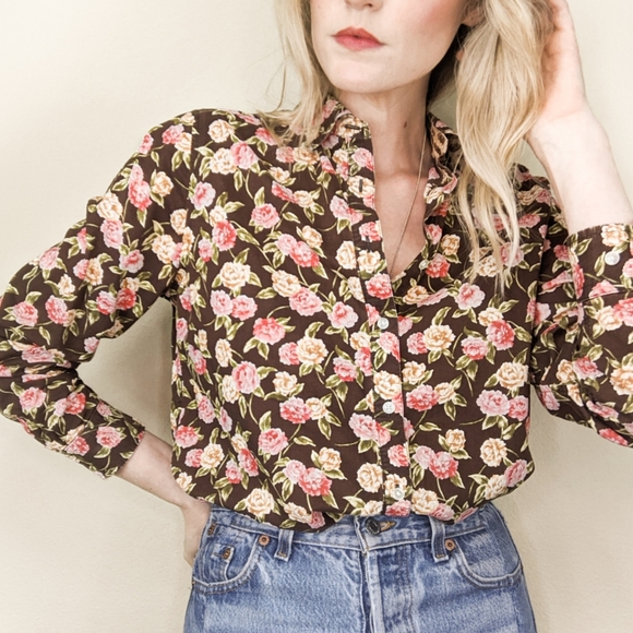 90s Brown Floral Long Sleeve Button Down Blouse - Picture 8 of 14
